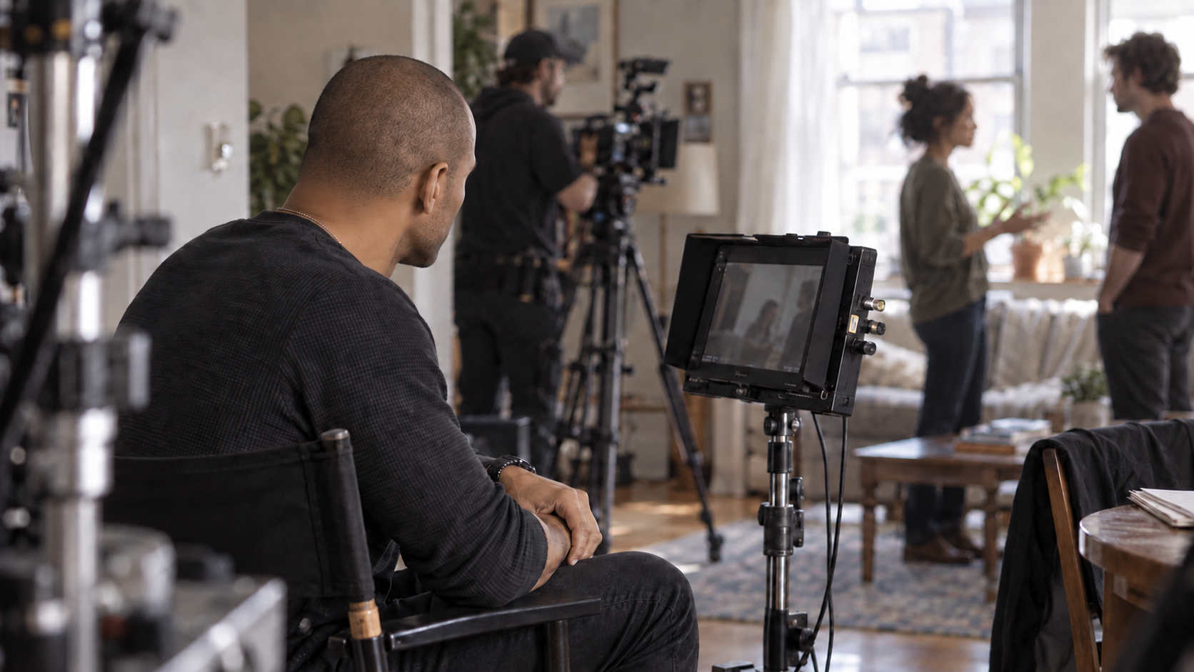 Michael Cory Davis on set, watching a take on a director's monitor while actors rehearse a scene nearby